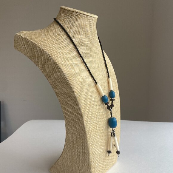 Long Dangle Necklace Black, White & Blue Beads - Picture 3 of 10